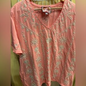 Johnny Was Coral Embroidered Short Sleeve Tee